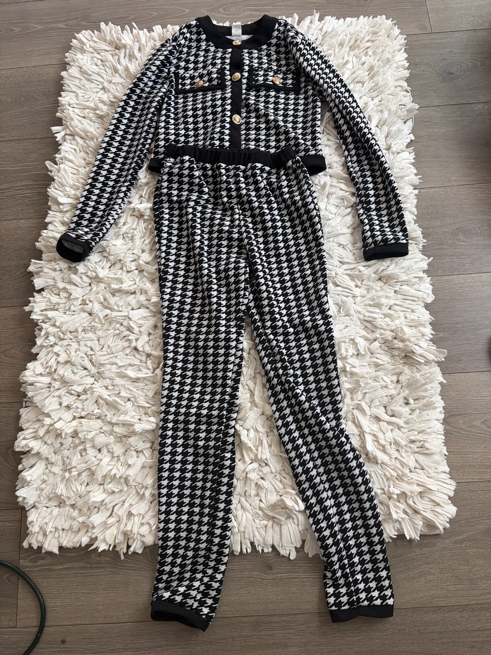 Black & White Houndstooth Knit Pants and Jacket Set